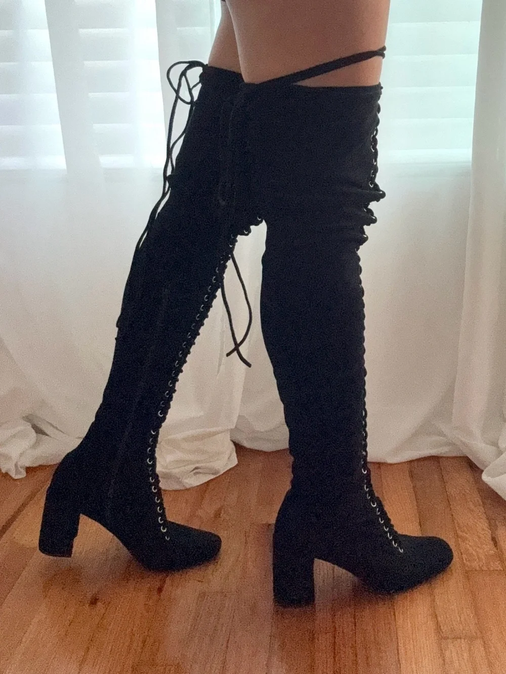 Jeffrey Campbell Black Suede Over-the-Knee Lace-Up Suede Heeled Boots